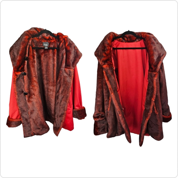 Dennis Basso Women's Reversible Burgundy Faux Fur/Red Parka Coat Size L - Picture 3 of 11